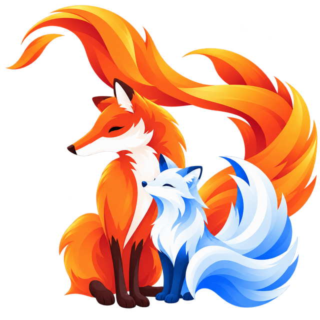The Firefox OS fox and Nivi, the Vulpes arctic fox, side by side.