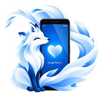 Nivi, the Vulpes arctic fox, with a Pixel 3a displaying a heart.