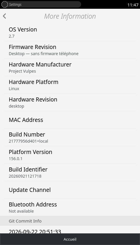 Settings showing Vulpes and Gecko versions